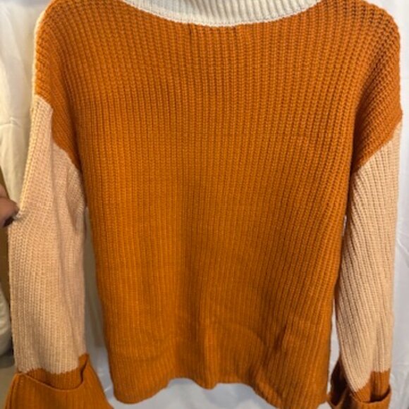 Simplee Colorblock Chunky Knit Turtleneck Sweater – Cream, Peach & Rust - Picture 4 of 4